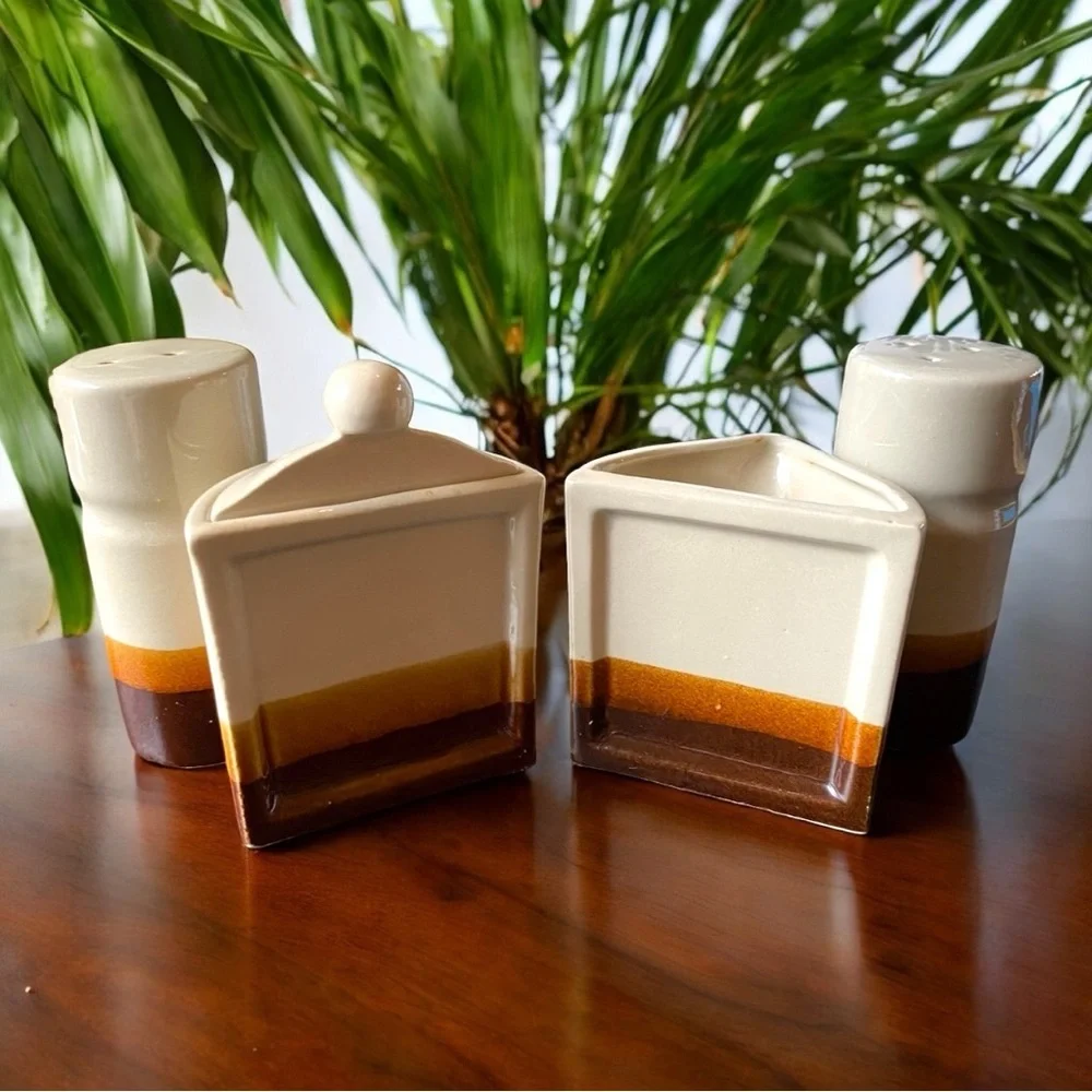 VINTAGE Brown Ceramic Salt, Pepper, Sugar, and Creamer Set with Tree Design - Picture 5 of 7